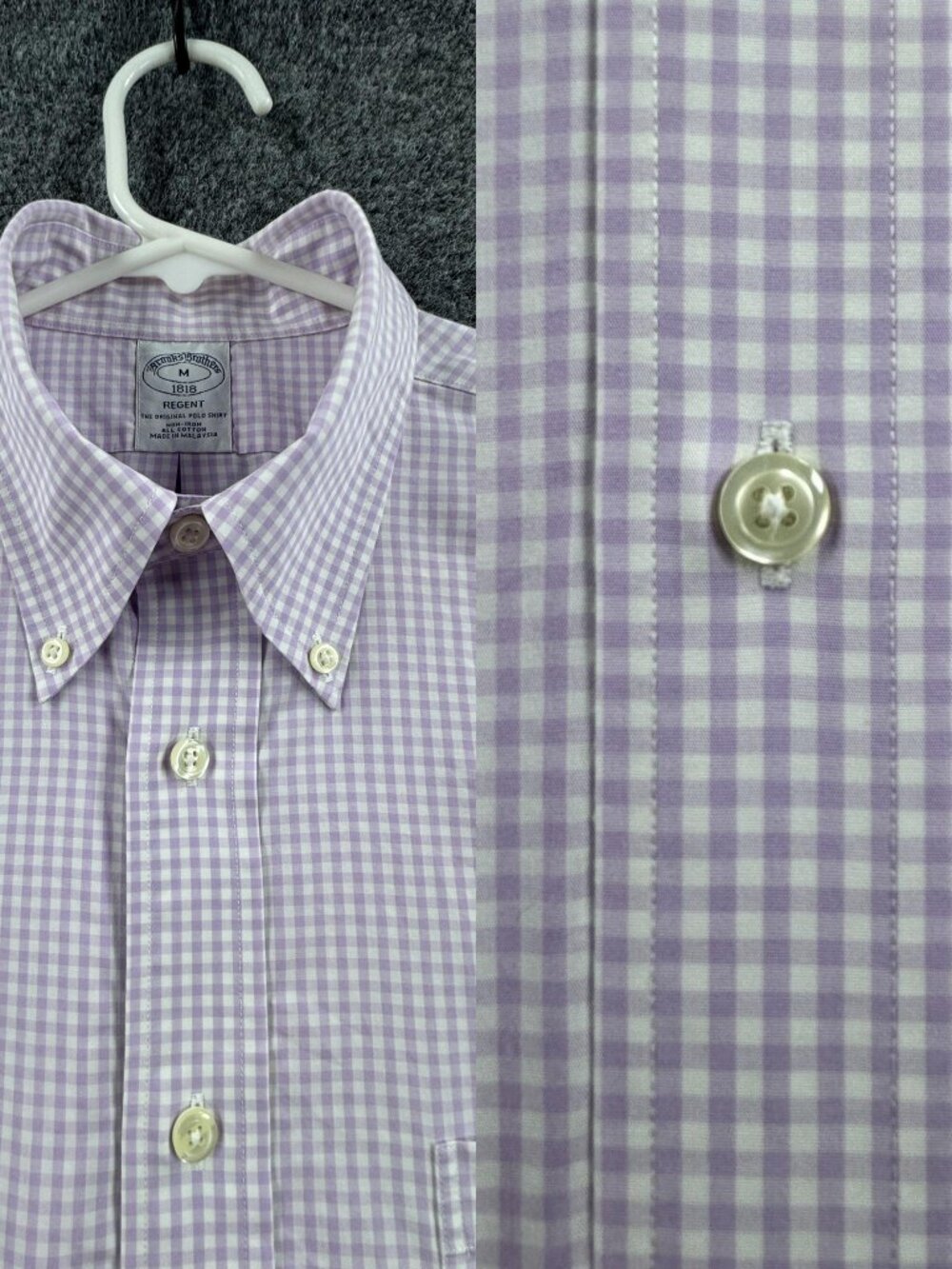 Brooks Brothers Men Medium Regent Check Button-Down Non-Iron Purple White Cotton